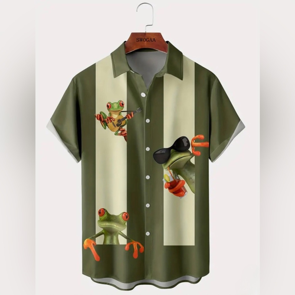 Coqui Puerto Rico Tree Frog Striped Pattern Print Short Sleeve Shirt (Lg)